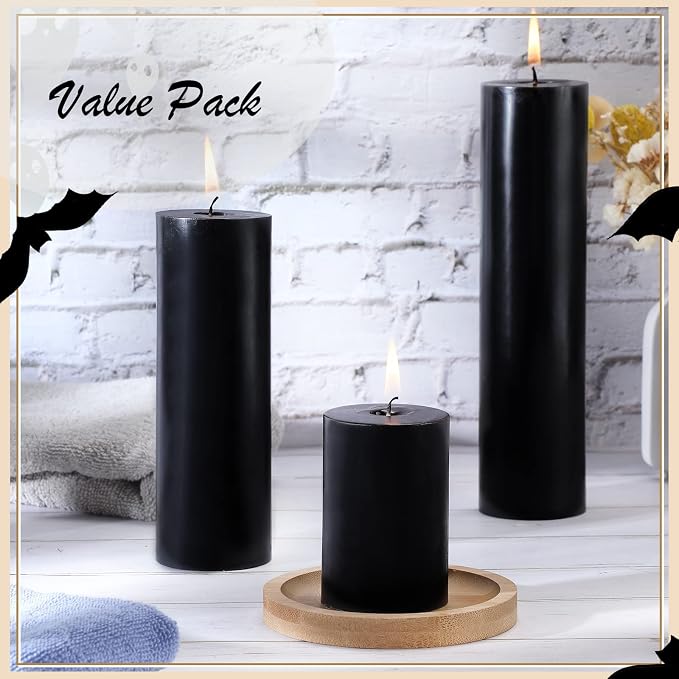 Lounsweer 12 Pcs Pillar Candles Bulk for Wedding Unscented Pillar Candles 3 Set 2 x 3/6/8 Inch Multi Size for Weddings Engagement Spa Home Party Events Ceremony(Black)