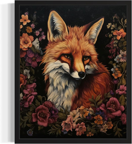 Fox and Flower Poster Art Print, Halloween Scary Vintage Wall Art Academia Spooky Painting Decoration for Horror Prints, Gothic Posters Bedroom Decor 89 (Fox and Flower, 16 x 20 inches, Unframed)