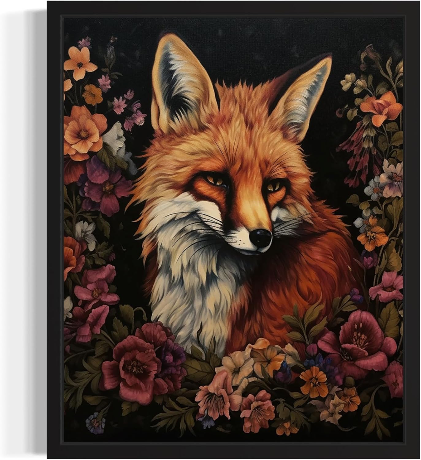 Fox and Flower Poster Art Print, Halloween Scary Vintage Wall Art Academia Spooky Painting Decoration for Horror Prints, Gothic Posters Bedroom Decor 89 (Fox and Flower, 8 x 10 inches, Black Frame)