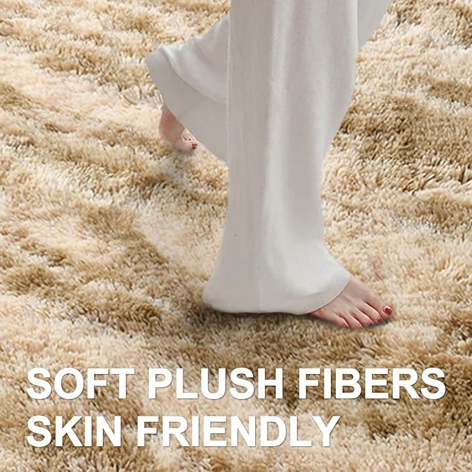 Area Rugs for Living Room, Tie-Dyed 4x6 Feet Soft Fluffy Shagg Plush Rug High Pile Indoor Modern Non-Slip Floor Carpet for Bedroom Nursery Kids Home Room Dorm Decor Aesthetic Khaki