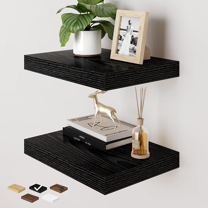 RICHFOCUS Deep Floating Shelves for Wall 2 Pack 12" D 16 Inch Wall Shelves for Room Wall|Wood Hanging Shelf with Invisible Brackets for Bathroom Bedroom Kitchen Laundry Room, Black