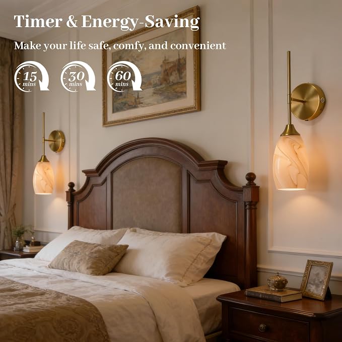 Battery Operated Wall Sconces Set of 2, Gold Rechargeable Wireless Wall Sconces with Hand-Blown Glass, Remote Control, Magnetic Mount,Dimmable 3 Colors for Bedroom Living Room Hallway