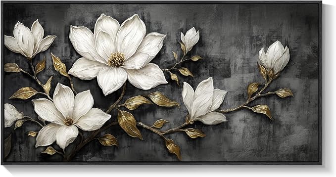Large Framed Black and White Floral Wall Art for Living Room, Modern Magnolia Botanical Canvas Prints Paintings, Elegant Flower with Gold Leaves Pictures for Dining Room Office Wall Decor, 60x30 Inch