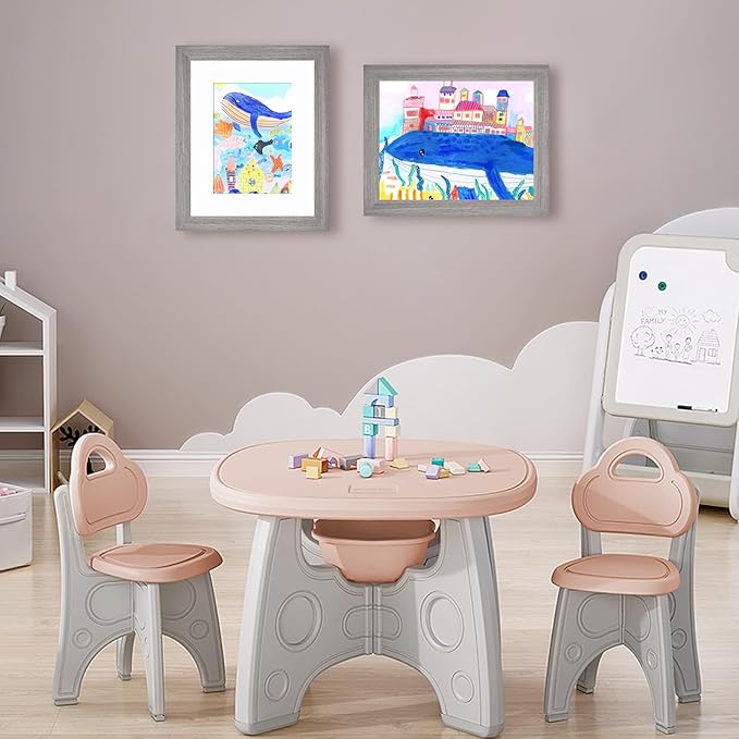 KINLINK 8.5x11 Kids Art Frame Set of 2, Solid Wood Kids Artwork Frames Changeable with Front Opening Hold 150 Pictures, Art Frames for Kids Art with Mat，without Mat 8.5x11 Picture Frame Grey