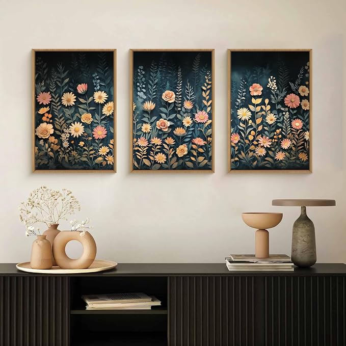 HPNIUB Vintage Dark Wildflowers Framed Wall Art Set,Modern Moody Floral Wall Decor,Botanical Colorful Vibrant Printing,Nature Spring Flower Artwork for Living Room, Bedroom,Office-16''x24''x3