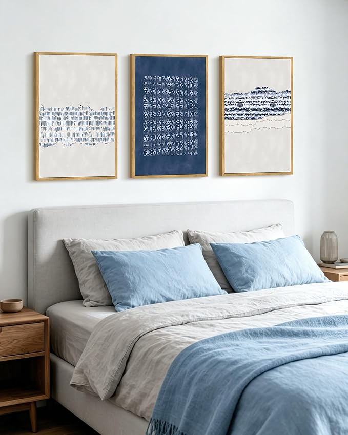 PHOPAGO Navy Blue Abstract Framed Wall Art Large 16x24in Mid Century Minimalist Wooden Pastel Boho Wall Decor Modern Neutral Farmhouse Living Laundry Decor- Natural Framed
