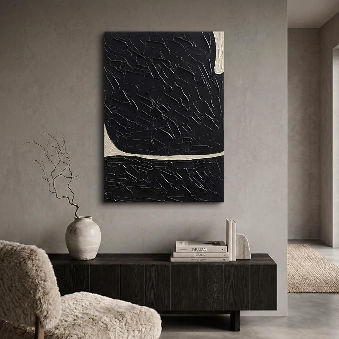 Large Textured Abstract Canvas Wall Art, Modern Minimalist Black Wall Decor | Hand-Painted Vertical Oil Painting Artwork for Living Room Bedroom Office, 28x40 In Original Neutral Home Decor Gifts