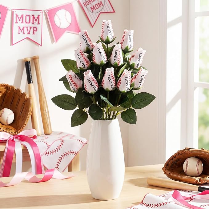 Suhine 12 Pcs Artificial Baseball Rose Flower Gifts for Mom Coach Boyfriend Girlfriend Sports Party Favors Bulk for Birthday Graduation Wedding Party Decorations Table Centerpieces(Love Color, Normal)