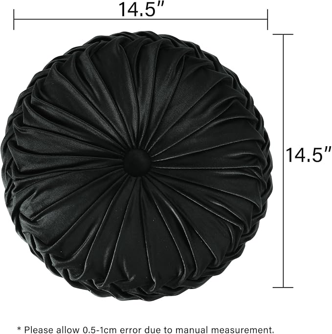 HIG Set of 2 Decorative Round Pleated Throw Pillows, Classy Accent Pumpkin Throw Pillows with Center Button, Vintage Velvet Floor Pillows for Sofa Vanity Chair Bed, Black, 14.5" Diameter(Ripple)