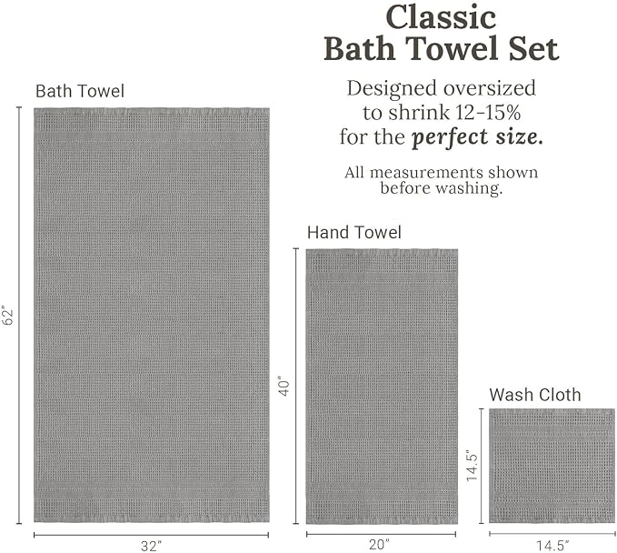 GILDEN TREE Waffle Towel Set Quick Dry Thin | 2 Bath Towels | 2 Hand Towels | 2 Washcloths, Classic Style (Pewter)