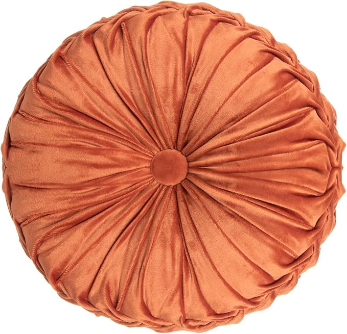 MOJUN Velvet Throw Pillow - Round, Pleated, Filled - Home Decorative Cushion for Couch, Chair, Bed, Car, Floor (Orange, 14inch)