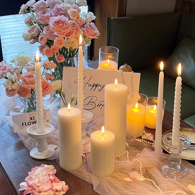 Conelist 9 Pcs Modern Decorative Candles Set, 3 Pillar Aesthetic Ribbed and 6 Spiral Taper Twisted Candles, Unscented Soy Wax for Wedding Holiday Dinner Home Decor (White)