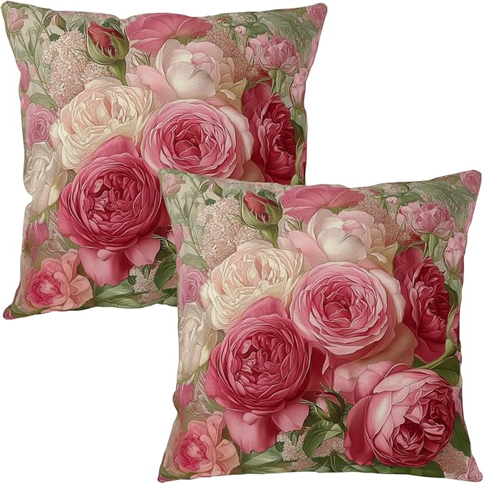Vintage Rose Pillow Covers Rustic Pink Rose Flower Pillow Cases 24x24 Set of 2 Shabby Chic Floral Pillow Covers Spring Summer Farmhouse Cushion Case for Bedroom Living Room