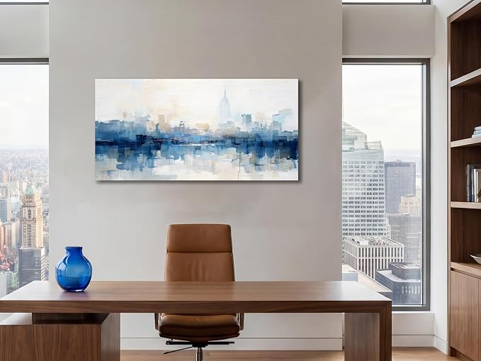Acocifi NY Skyline Wall Art Abstarct Cityscape Canvas Painting 40"x20" | new york print for living room blue white NYC picture artwork framed for bedroom office home hallway wall decoration