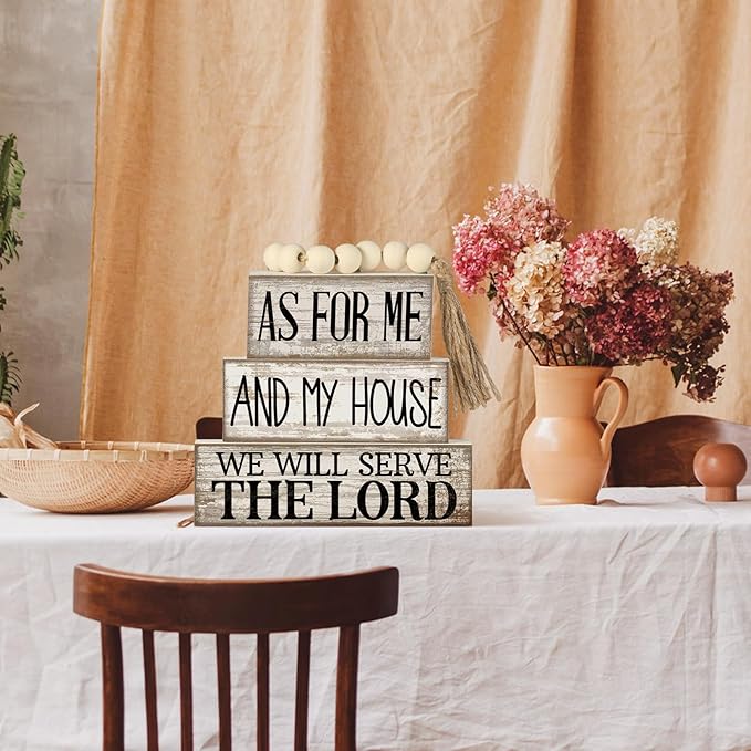 Yuntau 4 Pcs Farmhouse Bible Verse Decor Farmhouse Tiered Tray Decor Rustic Retro Wood Bead Garlands for Me and My House We Will Serve the Lord Block Christian Jesus Sign for Home Shelf Mantel
