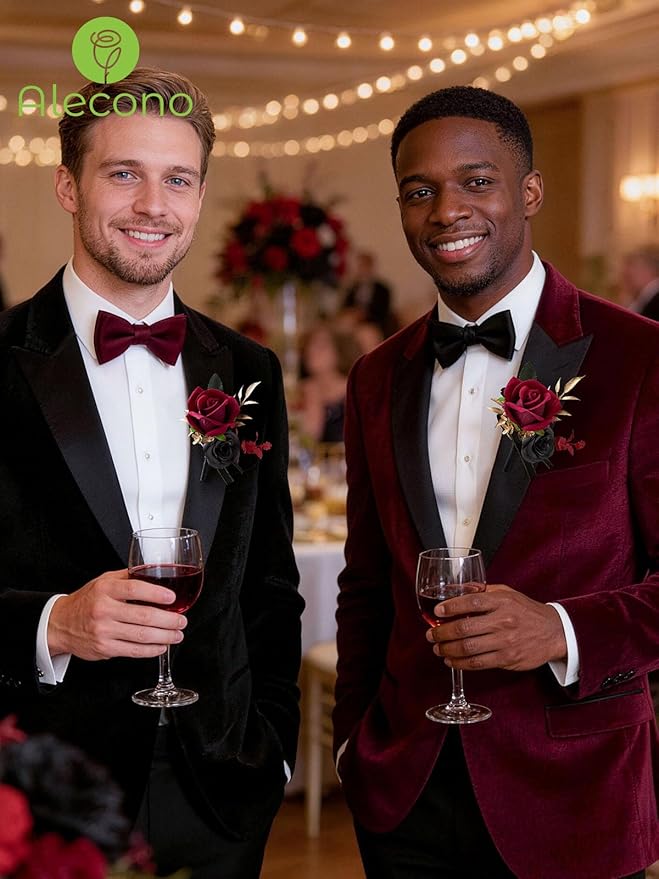Alecono Boutonniere for Men, Set of 2 Burgundy and Black Boutonniere for Wedding Groom Bridegroom, Artificial Flowers for Prom Graduation Ceremony Anniversary