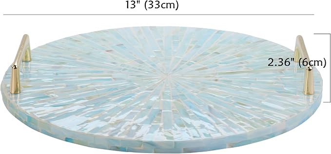 PEMAR Mother of Pearl Decorative Tray, 13"" Round with Gold Metal Handles, Vanity/Perfume/Trinket Tray, Catchall for Dresser, Bathroom, Vanity Table (Teal Sunlight)