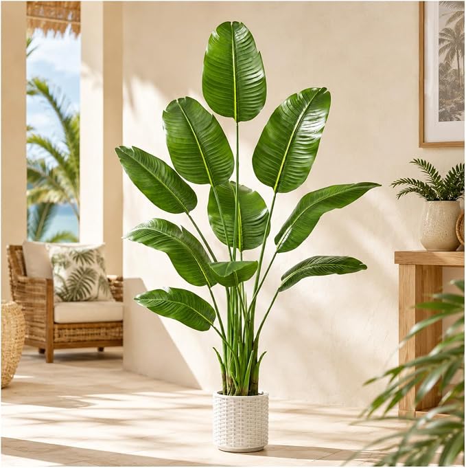 Artificial Bird of Paradise Plant: 6FT Faux Traveler's Palm Fake Banana Tree Elephant Ear Leaf Tall Silk Floor Plant in White Pot for Home Decor Indoor Office Entryway Balcony Patio Cafe Hotel
