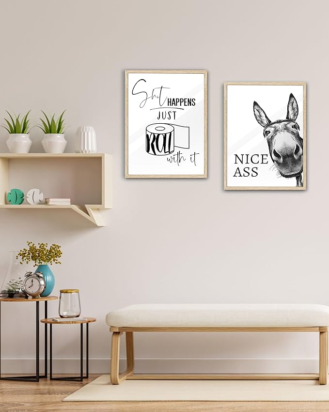 UPWOIGH Funny Donkey Oak Framed Canvas Wall Art, 12x16in Black and White Donkey Print for Bedroom Living Room Bathroom Wall Decor, Humorous Poster Aesthetic Gift Idea, 1Pack