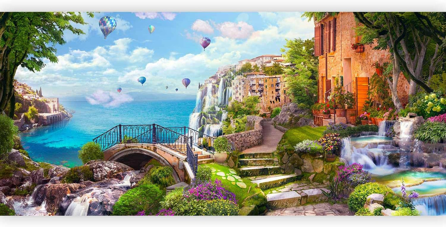 artgeist Wall Mural Landscape 216x98 in - XXL Non-Woven Corner Wallpaper Fleece Angle Wall Decor Photo Print Picture Baloons Waterfall Architecture Landscape Clouds c-B-10182-a-a