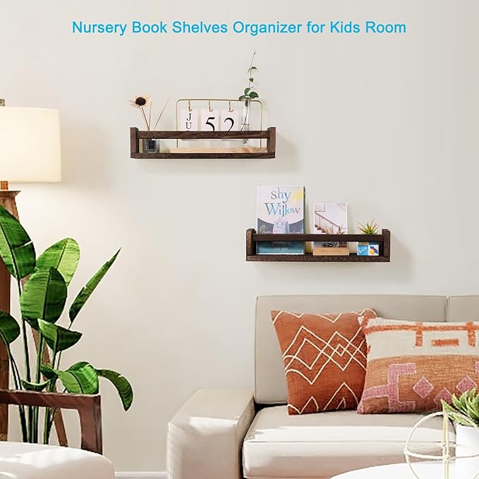 JORIKCHUO Nursery Book Shelves, Set of 2 Wood Floating Book Shelves for Kids Room, Kitchen Spice Rack, or Rustic Wall Mounted Shelves for Farmhouse Bathroom Décor (Carbon Brown)