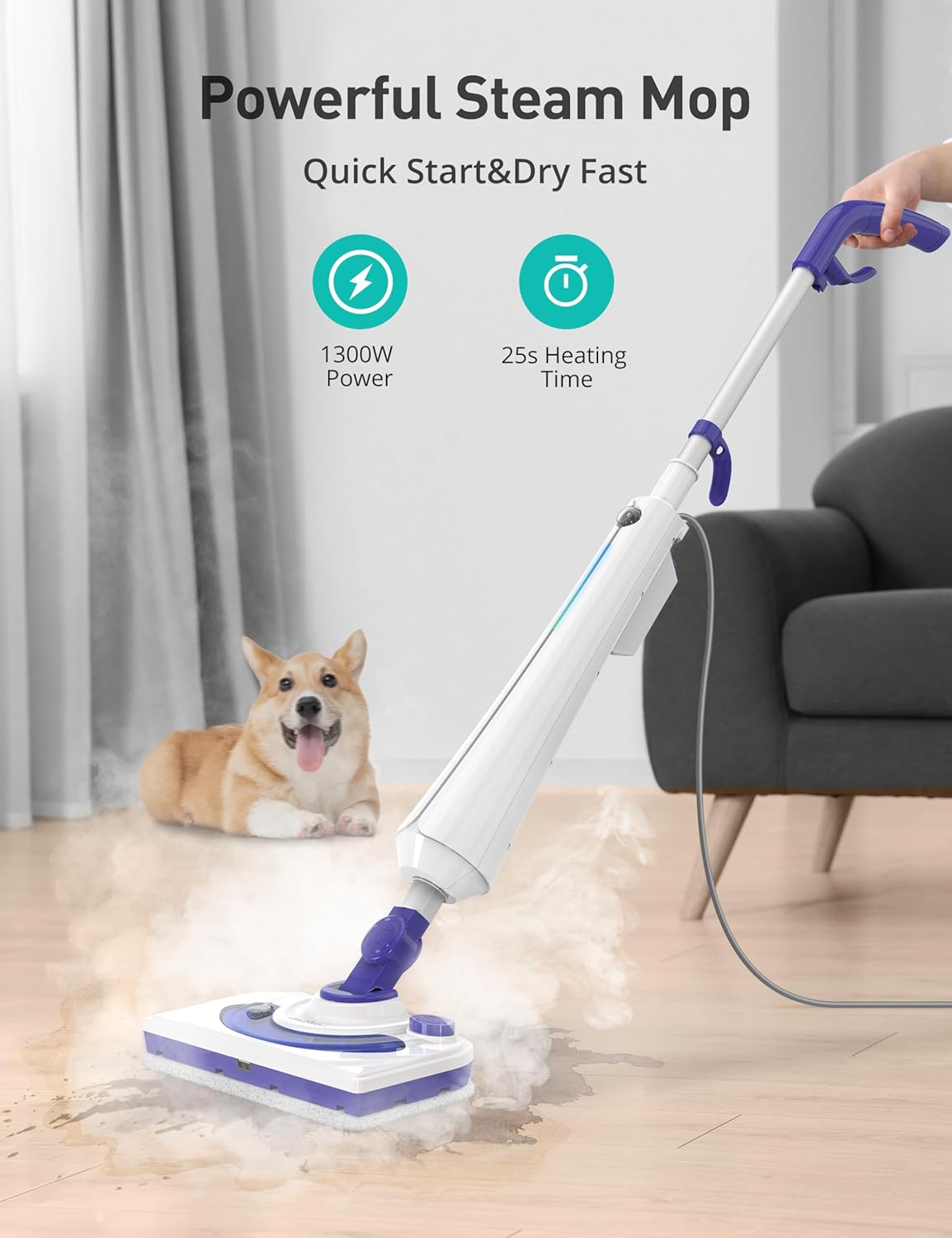 Professional Steam Mop Cleaner, 1300W Floor Steamer with Detergent Chamber, 25S Heat Up, Lightweight Steamer for Cleaning with 2 Washable Pads, Safe for Tiles, Upholstery, Carpet, Hardwood