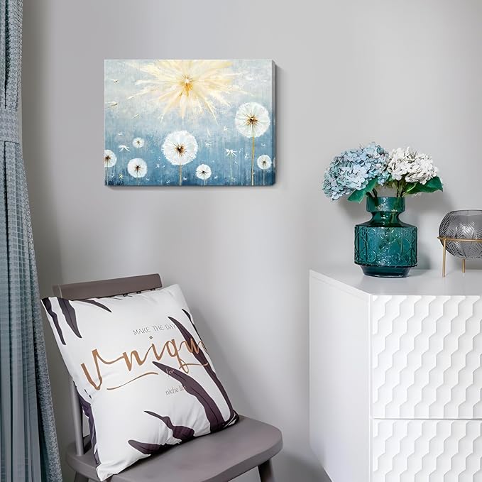 Nicetop Blue Dandelion Canvas Wall Art 16x12, Small Coastal Botanical Farmhouse Bathroom Decor Ready to Hang for Bedroom Living Room