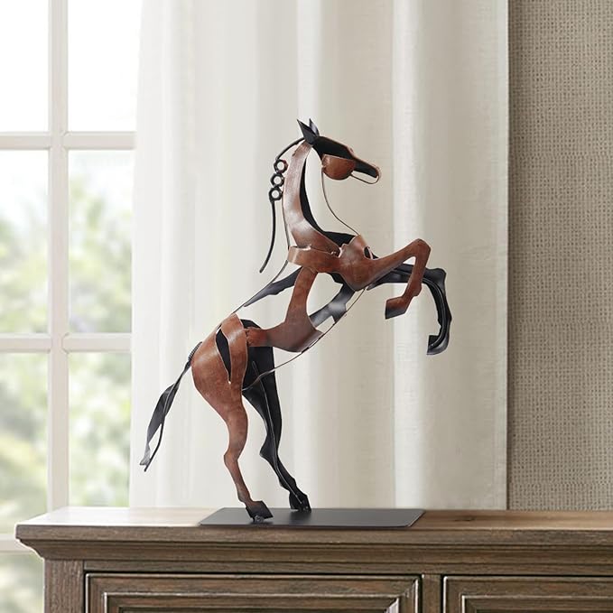 SunBlogs Art Metal Horse Statue Décor, Handmade & Hand-Painted Modern Western Horse Decoration, Rustic Iron Sculpture Gifts for Home Office for Horse Lovers (Brown)