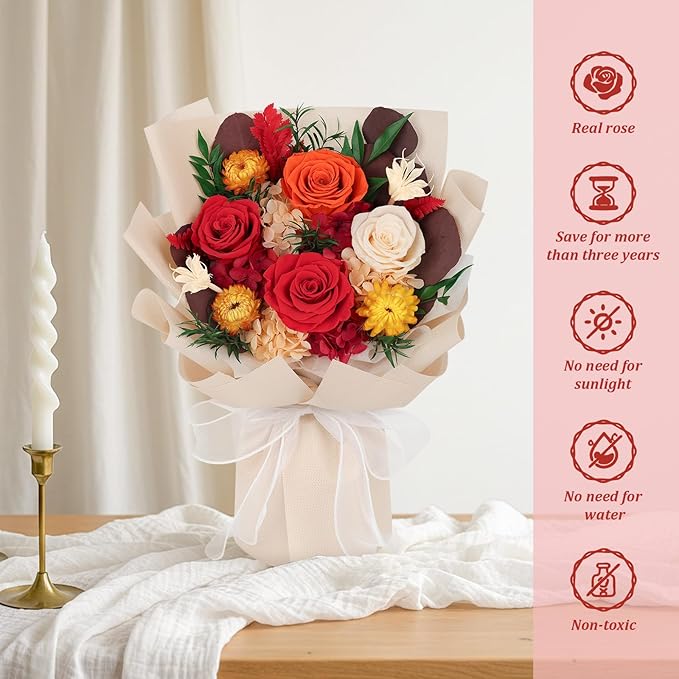 Preserved Flowers Bouquet 4 Roses with Vase,Flowers for Delivery Prime That Last 3-5 Years Real Forever Flowers Rose Bouquet for Mom Mother Women Wife Friends Birthday Mother's Day（Red）