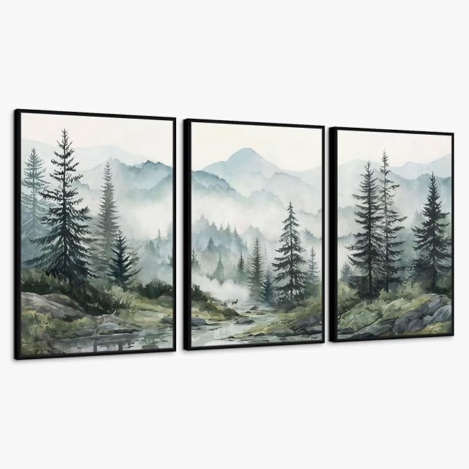 SAFERRYHOME Foggy Green Forest Wall Art, Misty Pine Tree Framed Canvas Wall Decor, Nature Landscape Painting Woodland Prints, Modern Mountain Artwork Picture for Living Room Bedroom Office, 20"x28"x3
