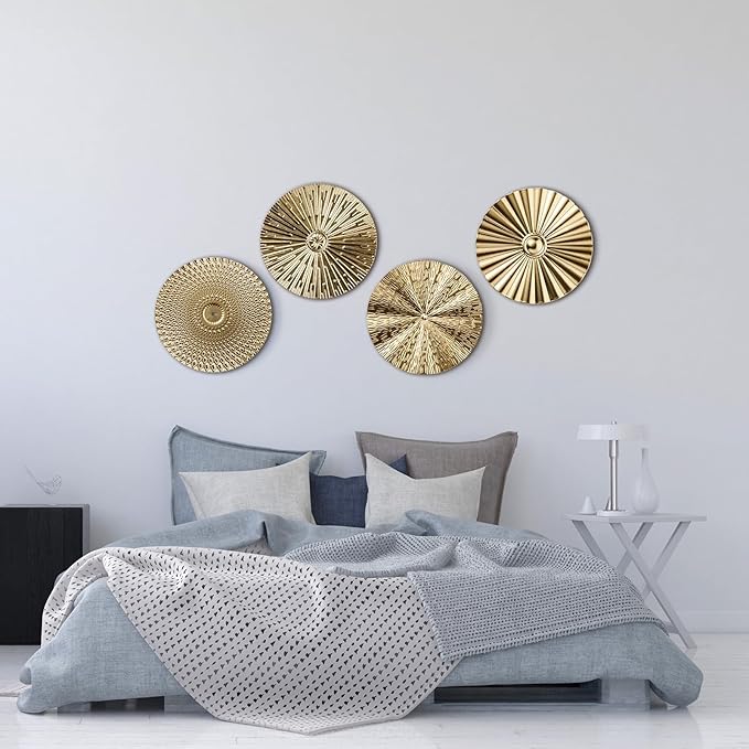 Hicarer 4 Pcs 12 Inch Metal Wall Art Decor Sunburst Hanging Metal Artwork Decor Wall Art Decorations for Home Living Room Office Gift for Christmas(Gold)
