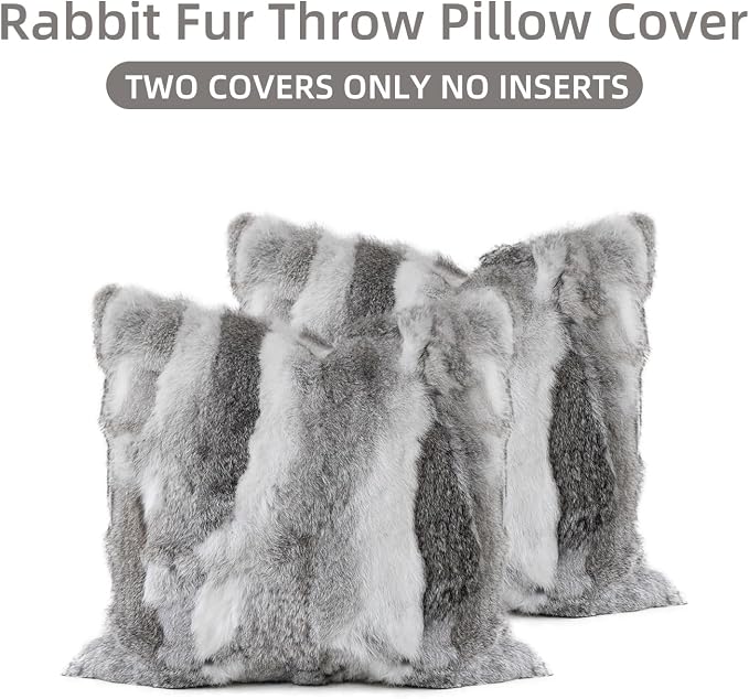 Genuine Rabbit Fur Throw Pillow Covers Set of 2, Luxury Decorative Pillowcases Soft Fluffy Animal Skin Accents Cushion Cover for Couch Sofa Bedroom Living Room Home,18x18 inch,Gray-White