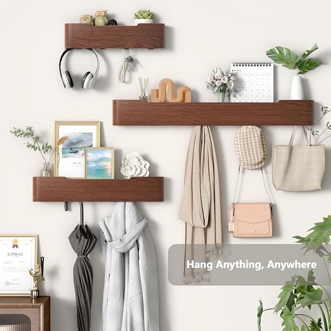 Wall Mounted Coat Rack with Shelf, Wooden Entryway Organizer with Hidden Metal Hooks for Hanging Coats Bags Keys, Modern Floating Shelf for Hallway Bathroom