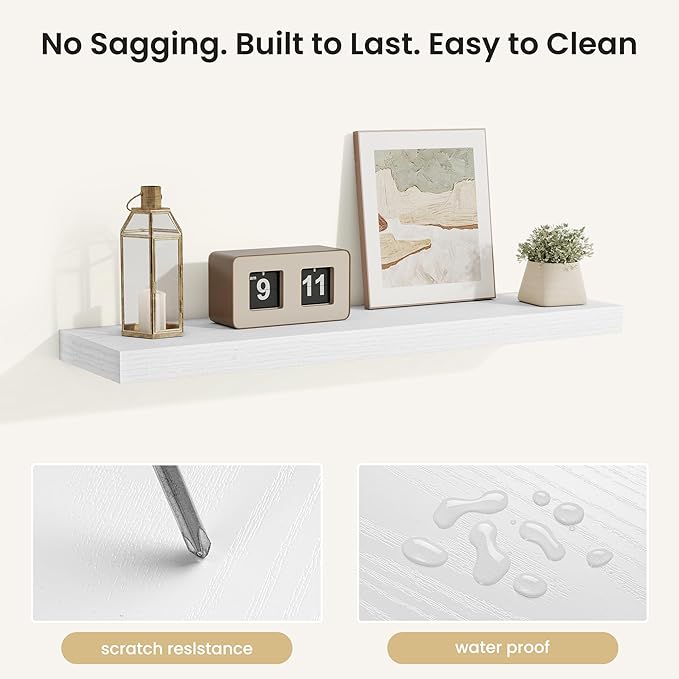 Fun Memories Rustic Floating Wall Shelves, Wall Mounted Wood Storage & Display Shelves for Bathroom, Bedroom, Living Room or Kitchen, (Set of 2, White, 32 in)