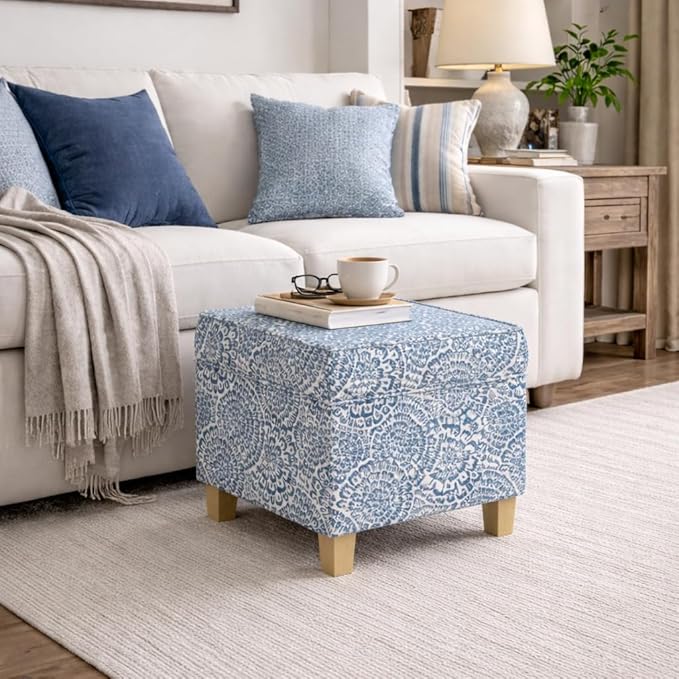 Homepop Home Decor Classic Square Storage Ottoman with Lift Off Lid | Ottoman with Storage for Living Room & Bedroom, Blue and Cream Modern Floral
