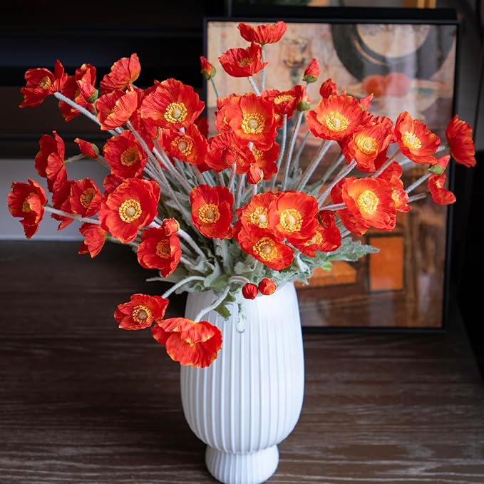 DUYONE Artificial Flowers 6 Stems Poppy Silk Bouquet,for Wedding, Home, Party Decoration,Table Centerpiece Arrangement(Dark Orange)