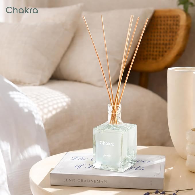 Chakra Reed Diffuser Set - Reed Diffusers for Home, Office and Living Spaces with Long-Lasting Fragrance, Scent Diffuser with Decorative Glass Bottle & Bamboo Sticks, 3.3 fl oz, Jasmine