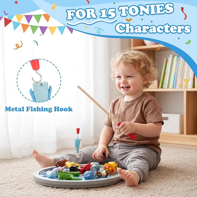 360° Round Turntable for Tonies Figures Storage, Fun Fishing Game with Magnetic Hook to “Catch” for Tonies Characters, Ocean Theme Wooden Organizer Storage Shelf Display for Toniebox 1/2