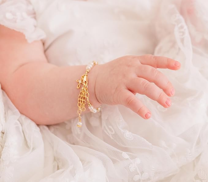 Cherished Moments 14K Gold-Plated Cherished Babe to Bride Cross Bracelet Gift for Infant Baby Baptism, Christening or Dedication with Cultured Pearls