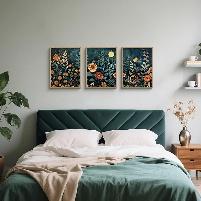 Vintage Botanical Framed Canvas Wall Art Set, Dark Floral Wall Decor, Nature Wildflower Wall Painting, Colorful Blossom Art Prints for Living Room, Bedroom, Office - 12"X16"X3