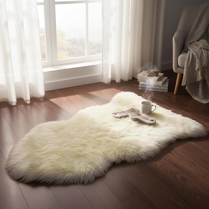 Genuine Sheepskin Rug New Zealand Fluffy Lambskin Rug, Natural Luxury Sheepskin Throw for Bedroom Living Room Children's Room - Premium Area Rug Chair Cover (2×3 Feet, Cream White)