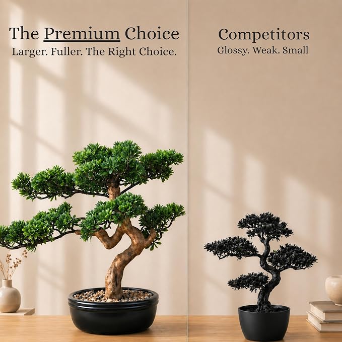 Artificial Bonsai Tree 16" Tall with Realistic Wood and Ceramic Pot, Fake Plants for Home, Bedroom and Office Desk, Japanese Decor