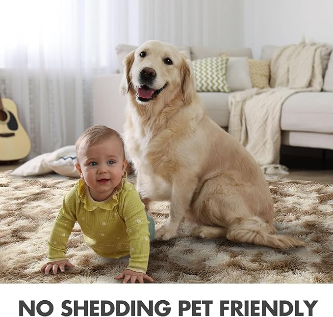 4x6 Ft Shag Area Rug for Bedroom Living Room, Tie-Dyed Ultra Soft Fluffy Furry Rugs for Indoor Floor, Aesthetic Carpet for Kids Home Decor (Khaki)
