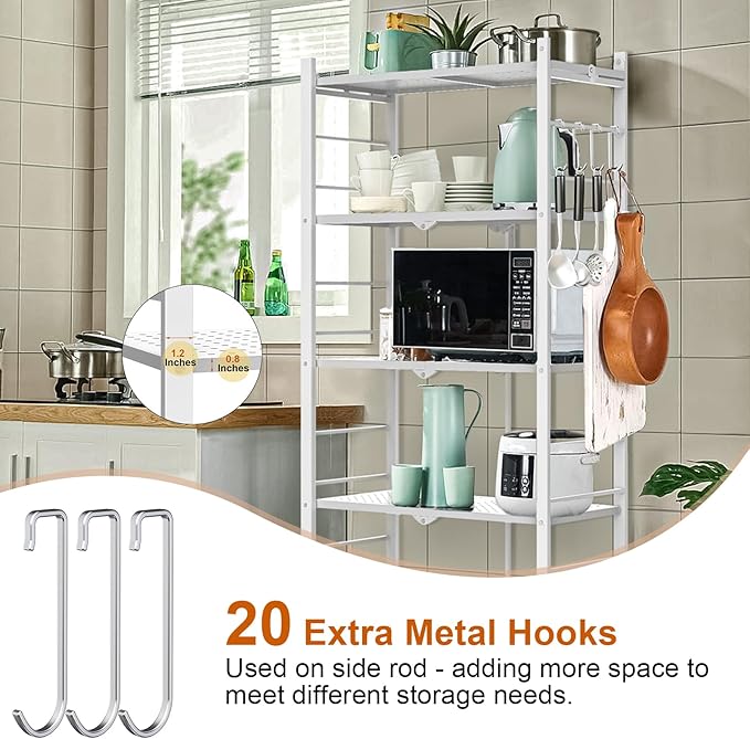 Himix Storage Shelves with 20 Hooks, 5-Tier Foldable Shelves for Storage, Collapsible Organization Rack Bookshelf 440 Ibs for Kitchen Garage Home Room, White - No Assembly