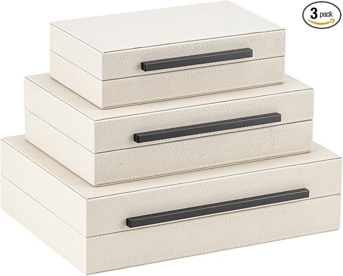 XIGEXIGE Set of 3 Beige Shagreen Decorative Storage Boxes with Black Metal Handles –Faux Leather Large Modern Stackable Nesting Jewelry Box with Lids Organizer