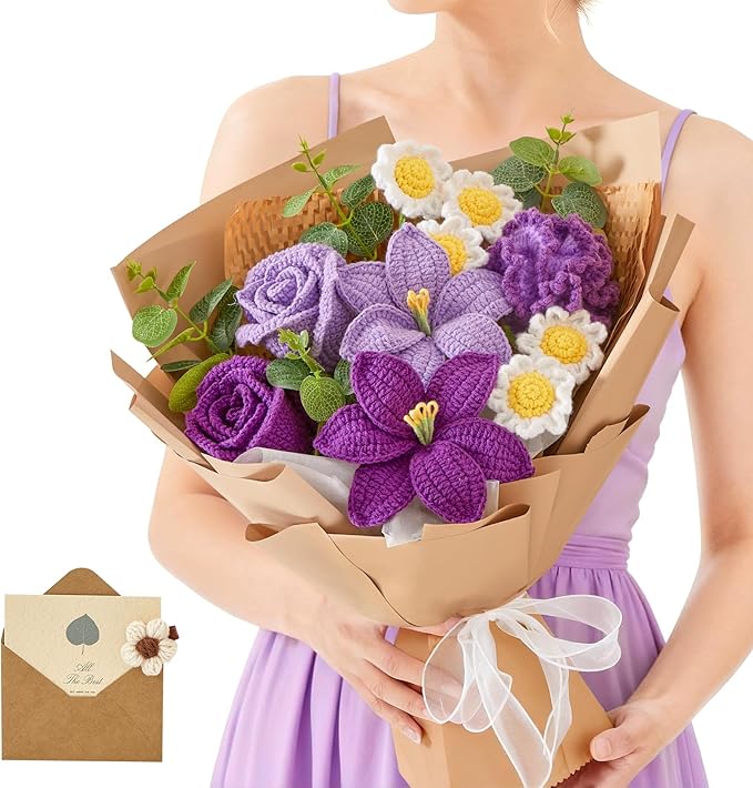 Alecono Crochet Flower Bouquet, Purple Knitted Flowers, Large Knitted Flower for Anniversary Party Christmas Festival Gifts for Her (Include Card)