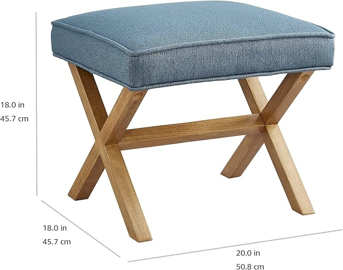 Amazon Basics Small Ottoman Foot Rest, Mid-Century Modern X Square Upholstered Fabric Stool for Living Room, Bedroom, Entryway, Extra Seating, 20" W x 18" D x 18" H, Indigo Blue