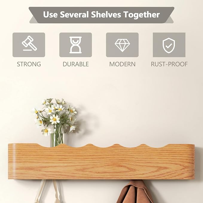 Wall Mounted Coat Rack with Shelf, Wooden Entryway Organizer with Hidden Metal Hooks for Hanging Coats Bags Keys, Modern Floating Shelf for Hallway Bathroom
