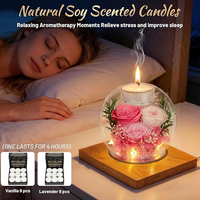 ENERLEAF Preserved Pink Real Rose in Glass with Scented Candles–Eternal Flower Romantic Anniversary Mothers Day Christmas Birthday Valentines Day Gifts for Her, Women, Wife, Girlfriend, Mom, Grandma