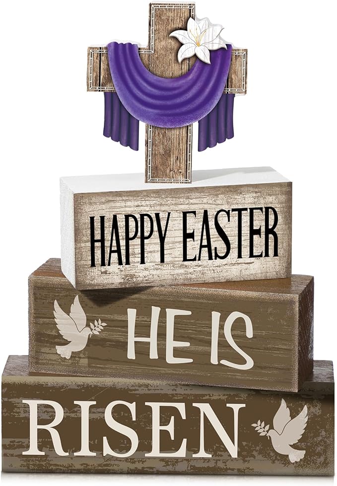 Yuntau 4 Pcs Easter Decorations He Is Risen Wooden Sign Christian Table Centerpiece Religious Cross Tiered Tray Decor Decorative Faux Book Stack Block for Table Fireplace Mantel Floating Shelf